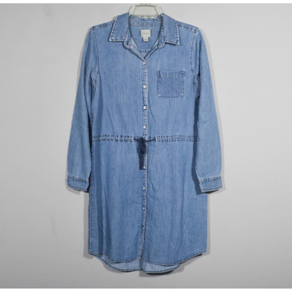 G.H. Bass & Co Blue Denim Button Up Shirt Drawstring Waist Dress Size L